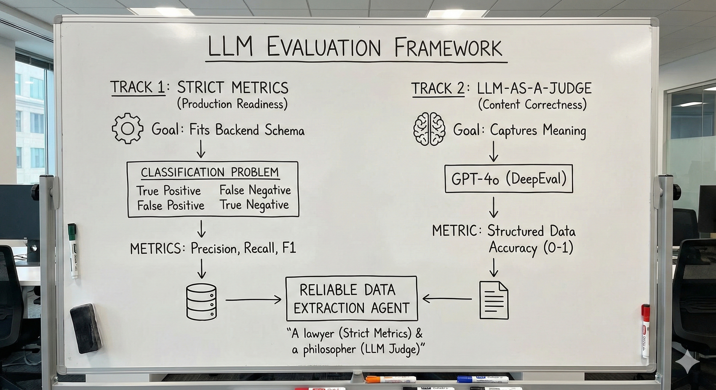 LLM Evaluation Framework showing two tracks: Track 1 for strict metrics and Track 2 for LLM-as-a-judge