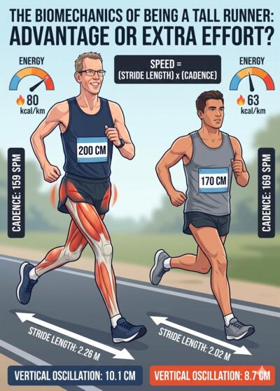 Infographic comparing biomechanics of a 200 cm tall runner versus a 170 cm average runner, showing cadence, stride length, vertical oscillation, and energy cost for both.